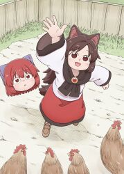  2girls :d animal_ears bird bow brown_hair chicken commentary_request disembodied_head full_body hair_bow highres imaizumi_kagerou long_hair long_sleeves looking_at_viewer multiple_girls open_mouth outdoors poronegi red_eyes red_hair red_skirt sekibanki short_hair skirt smile standing tail touhou wolf_ears wolf_girl wolf_tail 