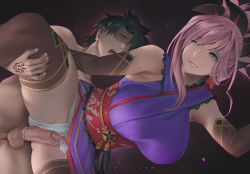 1boy 1girl bare_shoulders black_hair blue_eyes blue_kimono blush breasts brown_thighhighs censored command_spell condom detached_sleeves erection fate/grand_order fate_(series) fujimaru_ritsuka_(male) fundoshi hair_ornament hetero japanese_clothes kimono large_breasts leg_lift long_hair miyamoto_musashi_(fate) miyamoto_musashi_(first_ascension)_(fate) mosaic_censoring obi one_eye_closed open_mouth penis pink_hair ponytail sash short_hair short_kimono sleeveless sleeveless_kimono smile spread_legs swept_bangs testicles thighhighs thighs unfairr rating:Explicit score:80 user:danbooru