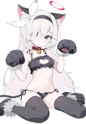  1girl absurdres animal_collar animal_ears animal_hands bell black_bra black_eyes black_hairband black_panties black_thighhighs blue_archive blush_stickers bow bra braid breasts cat_cutout cat_ears cat_lingerie cat_paws cat_tail closed_mouth clothing_cutout collar colored_inner_hair commentary_request expressionless fake_animal_ears fake_tail gloves grey_hair hair_bow hair_over_one_eye hairband halo highres jingle_bell long_hair looking_at_viewer meme_attire multicolored_hair navel neck_bell nihnfinite8 panties paw_gloves paw_pose paw_shoes pink_hair plana_(blue_archive) pom_pom_(clothes) red_collar red_halo side-tie_panties side_braid simple_background single_braid sitting small_breasts solo split_mouth stomach tail thighhighs two-tone_hair underwear very_long_hair wariza white_background white_bow 