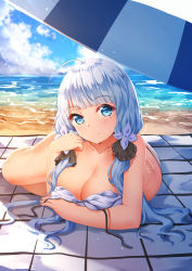  1girl ass azur_lane beach beach_mat bikini blue_eyes blush breasts chahei cleavage closed_mouth day gloves hair_ornament head_tilt highres illustrious_(azur_lane) large_breasts light_particles long_hair looking_at_viewer low_twintails lying mole mole_under_eye ocean outdoors sand shiny_skin smile solo sparkle swimsuit thighs twintails untied_bikini untied_bikini_top white_hair  rating:Questionable score:10 user:danbooru
