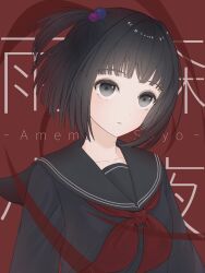  1girl amemori_sayo arms_at_sides black_eyes black_hair black_sailor_collar black_shirt collarbone dot_nose expressionless highres long_sleeves looking_at_viewer mohe53633218890 neckerchief nijisanji one_side_up parted_lips red_background red_neckerchief sailor_collar school_uniform serafuku shirt short_hair sidelocks simple_background solo upper_body 