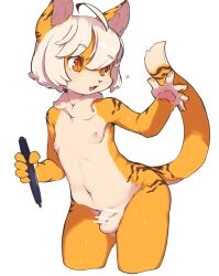  1boy ahoge animal_ears bar_censor cat_boy cat_ears cat_tail censored cropped_legs flaccid furry furry_male holding holding_marker male_focus marker nipples nude open_mouth orange_eyes original pawpads penis shota simple_background solo tail testicles visark white_background white_hair 