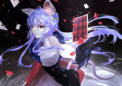  1girl animal_ears bangs black_gloves black_pants blue_hair breasts cape card earrings fur_trim gloves high-waist_pants highres jewelry leather leather_pants long_hair looking_at_viewer looking_to_the_side medium_breasts mouse_ears new_year original outstretched_arm outstretched_hand pants petals red_cape red_eyes shirt sleeveless sleeveless_shirt smile solo vardan white_shirt 