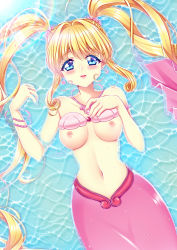 1girl blonde_hair blue_eyes blush bracelet breasts collarbone commission groin highres jewelry large_breasts long_hair looking_at_viewer lying mermaid mermaid_melody_pichi_pichi_pitch monster_girl nanami_lucia navel necklace nipples nude ocean open_mouth pearl_bracelet pearl_necklace pink_tail ring shell shell_bikini shirato_sayuri skeb_commission smile solo stomach sunlight twintails rating:Explicit score:20 user:danbooru