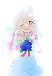  1girl ;d ahoge backlighting bare_shoulders bouquet bridal_veil bride brown_eyes commentary dress elbow_gloves flower gekogekobuhihi gloves hair_between_eyes happy_tears highres holding holding_bouquet long_hair looking_at_viewer one_eye_closed onii-chan_wa_oshimai! open_mouth oyama_mahiro pink_hair simple_background smile solo tears veil very_long_hair wedding_dress white_background white_dress white_gloves wiping_tears 
