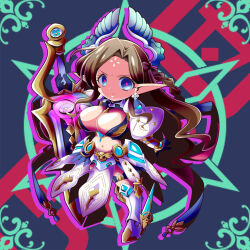  1girl armor armored_boots aura bandeau black_background black_bandeau black_gloves blue_eyes blue_skirt boots braid breasts brown_hair cardfight!!_vanguard cardfight!!_vanguard:_overdress chibi cleavage closed_mouth commentary_request dark_aura dark_persona earrings elf facial_mark faulds forehead_mark frown full_body gloves groin headgear holding holding_sword holding_weapon jewelry juliet_sleeves large_breasts long_hair long_sleeves looking_at_viewer midriff navel parted_bangs pelvic_curtain pointy_ears puffy_sleeves red_pupils shaded_face shrug_(clothing) sidelocks skirt soboro_(jitome_dan) solo standing standing_on_one_leg sword thegrea_(cardfight!!_vanguard) thigh_strap very_long_hair weapon white_footwear white_sleeves 