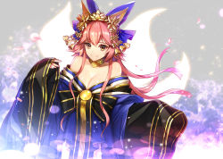  10s 1girl animal_ears bare_shoulders bell blue_kimono breasts cleavage closed_mouth coin_(ornament) eu_(euspia) eyelashes fate/extella fate/extra fate_(series) floating_hair fox_ears fox_tail glowing_tail grey_background hair_ornament hair_ribbon hair_stick hands_in_opposite_sleeves japanese_clothes jewelry kanzashi kimono long_sleeves looking_at_viewer medium_breasts necklace obi off_shoulder official_alternate_costume outstretched_hand petals pink_hair ribbon sash shiny_skin sleeves_past_wrists smile solo tail tamamo_(fate) tamamo_no_mae_(fate/extra) tamamo_no_mae_(third_ascension)_(fate) upper_body wide_sleeves yellow_eyes  rating:Sensitive score:7 user:danbooru