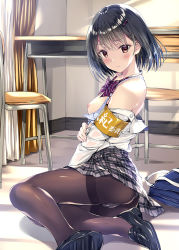  1girl armband bad_id bad_pixiv_id bag bare_shoulders black_footwear black_hair blush bow bowtie bra bra_pull breasts brown_eyes brown_pantyhose buttons chair closed_mouth clothes_pull curtains desk dress_shirt frown grey_panties grey_skirt hair_ornament hairclip indoors kobayashi_chisato loafers long_sleeves looking_at_viewer md5_mismatch miniskirt nipples off_shoulder original panties panties_under_pantyhose pantyhose plaid plaid_skirt purple_bow purple_bowtie resolution_mismatch school_bag school_chair school_uniform shirt shoes short_hair sidelocks sitting skirt small_breasts solo source_larger striped_bow striped_bowtie striped_clothes striped_neckwear thighband_pantyhose underwear white_bra white_shirt yokozuwari  rating:Questionable score:28 user:danbooru