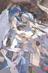  2girls absurdres barefoot bili_girl_22 bili_girl_33 bilibili blue_hair bodhi_wushushenghua chinese_commentary closed_eyes closed_mouth commentary_request dress elbow_gloves feathered_wings gloves hair_ornament hand_on_another&#039;s_chin highres long_hair looking_at_another multiple_girls red_eyes white_dress white_gloves white_hair white_wings wings 