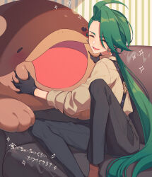  1girl :d affectionate ahoge black_gloves black_pants blush clodsire closed_eyes commentary_request couch creatures_(company) earrings eyelashes game_freak gloves green_hair happy highres indoors jewelry long_hair miri_(cherryjelly) nintendo open_mouth pants pokemon pokemon_(creature) pokemon_sv rika_(pokemon) shirt sitting smile sparkle 