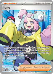  artist_name blue_hair bow-shaped_hair card_(medium) character_name commentary_request copyright_name creatures_(company) english_text game_freak highres holding holding_poke_ball iono_(pokemon) jacket multicolored_eyes multicolored_hair nintendo official_art pink_hair poke_ball pokemon pokemon_card pokemon_sv pokemon_tcg purple_eyes sharp_teeth shirt sleeveless sleeveless_shirt sleeves_past_wrists teeth trading_card two-tone_hair yellow_eyes yellow_jacket yuu_(higashi_no_penguin) 