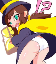  !? 1girl a_hat_in_time artist_request ass blush brown_hair cape embarrassed eyebrows female_focus from_below green_eyes hat hat_kid highres hourglass loli long_sleeves looking_at_viewer looking_back open_mouth panties ponytail shiny_skin sidelocks simple_background solo standing sweat tearing_up top_hat underwear upskirt white_background white_panties yellow_cape  rating:Questionable score:81 user:ImWastingMyLife