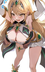  1boy 1girl armpits arms_up bare_shoulders blonde_hair breasts cleavage cleavage_cutout clothing_cutout commentary_request core_crystal_(xenoblade) disembodied_limb dress earrings elbow_gloves flying_sweatdrops gloves grabbing grabbing_another&#039;s_breast hetero highres jewelry large_breasts leaning_forward long_hair mythra_(xenoblade) open_mouth paid_reward_available restrained short_dress solo_focus sweatdrop swept_bangs thigh_strap tiara tomas_(kaosu22) v-shaped_eyebrows white_background white_dress white_gloves xenoblade_chronicles_(series) xenoblade_chronicles_2 yellow_eyes  rating:Sensitive score:25 user:danbooru