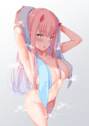 10s 1girl absurdres armpits arms_up blush breasts convenient_censoring covered_erect_nipples covering_privates darling_in_the_franxx drying drying_hair green_eyes highres horns izure_(pixiv16392012) long_hair looking_at_viewer medium_breasts navel nude nude_cover oni_horns open_mouth pink_hair red_horns simple_background solo steam straight_hair towel towel_on_head wet zero_two_(darling_in_the_franxx) rating:Questionable score:82 user:danbooru