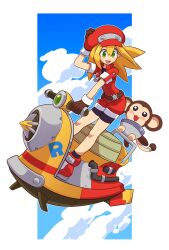  1girl :d belt bike_shorts bike_shorts_under_shorts blonde_hair brown_gloves cabbie_hat cloud cloudy_sky data_(mega_man) full_body gloves green_eyes handlebar hat highres hover_scooter hover_vehicle jacket jumpsuit long_hair looking_down mega_man_(series) mega_man_legends_(series) mega_man_legends_3 monkey omeehayo open_mouth red_headwear red_jumpsuit red_shorts roll_caskett_(mega_man) short_sleeves shorts sky smile 