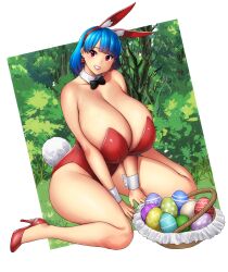  1girl absurdres basket blue_hair blunt_bangs blush bob_cut bow bowtie breasts curvy detached_collar earrings easter easter_egg egg erkaz fake_ears fake_rabbit_ears fake_rabbit_tail fake_tail grass head_tilt heels high_heels highres huge_breasts jewelry leotard looking_at_viewer original outdoors parted_lips playboy_bunny pumps rabbit_ears rabbit_tail red_eyes rina_atherina shiny_skin short_hair sitting smile solo tail thick_thighs thighs tree veins veiny_breasts wariza wide_hips wrist_cuffs 