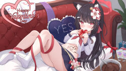  1girl animal_ear_fluff animal_ears bell blue_archive blue_skirt blush bowl box box_of_chocolates breasts cat_ears cat_girl cat_tail closed_mouth commentary_request couch cropped_shirt flower frilled_pillow frills gift hair_bell hair_flower hair_ornament halo happy_valentine heart-shaped_box holding holding_gift jingle_bell knees_up long_hair looking_at_viewer midriff miniskirt navel nc731 neckerchief no_shoes on_couch original paid_reward_available pillow pleated_skirt red_eyes red_halo red_neckerchief red_ribbon ribbon school_uniform serafuku shirt sitting skirt small_breasts socks soles solo tail toes valentine variant_set whisk white_shirt white_socks yes yes-no_pillow 