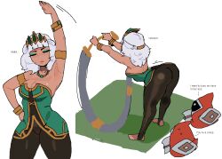  ass bent bent_over bracelet breasts cleavage coconuts_(artist) dark-skinned_female dark_skin ears english_text eyeshadow hair_ornament jewelry large league_of_legends makeup medium_breasts necklace qiyana_(league_of_legends) short_hair thick_thighs thighs tiara tights_day translated white_hair 