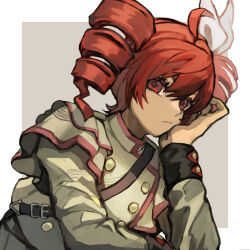  1girl ahoge ameiro_tamanegi buttons closed_mouth commentary_request double-breasted drill_hair grey_jacket hair_between_eyes hair_ribbon head_rest highres jacket kasane_teto kasane_teto_(sv) long_sleeves pink_trim red_eyes red_hair ribbon sleeve_cuffs solo synthesizer_v twin_drills upper_body utau white_ribbon 