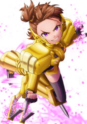  1girl alternate_costume armor aura black_gloves black_thighhighs brown_hair character_request clenched_hand commentary_request electricity electrokinesis fingerless_gloves floating_hair forehead full_body futami_ami gloves gold_armor grin highres idolmaster idolmaster_(classic) idolmaster_million_live! incoming_attack light_particles looking_at_viewer mappy_(minogue) one_side_up partial_commentary purple_eyes short_hair simple_background smile solo thighhighs v-shaped_eyebrows white_background 