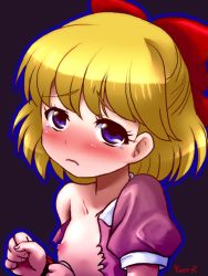  bdsm blonde_hair blue_eyes blush bondage bound bound_arms bow breasts crying crying_with_eyes_open fast-r female_focus flat_chest hair_bow hair_ornament hair_ribbon loli looking_at_viewer mother_(game) mother_2 nintendo nipples paula_(mother_2) red_ribbon ribbon saliva scared short_hair simple_background small_breasts tears third-party_edit torn_clothes  rating:Explicit score:46 user:tauros808