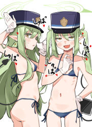  2girls :d ass bikini black_bikini black_hat blue_archive commentary_request demon_tail flat_chest green_hair green_halo hair_between_eyes halo hand_up hat highres hikari_(blue_archive) loli long_hair looking_at_viewer micro_bikini multiple_girls navel nozomi_(blue_archive) open_mouth pointy_ears sattinittas siblings side-tie_bikini_bottom sidelocks simple_background sisters smile swimsuit tail thighs twintails white_background yellow_eyes 