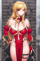  1girl absurdres bare_shoulders blonde_hair blush breasts brick_wall cain_(gunnermul) center_opening choker cleavage closed_mouth clothing_cutout commentary_request detached_collar detached_sleeves dress drill_hair hand_on_own_hip hands_on_own_hips highres huge_breasts isekai_milf_hunter jewelry korean_commentary long_hair looking_at_viewer looking_to_the_side navel navel_cutout notice_lines original pelvic_curtain red_dress red_eyes revealing_clothes skindentation solo strapless strapless_dress swept_bangs thigh_strap thighs 