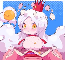 &gt;_&lt; 1girl :&gt; bare_shoulders blush breasts breasts_apart breasts_out crown food_on_body food_on_breasts japanese_clothes kimono large_breasts long_hair looking_at_viewer nipples nollety open_clothes open_kimono orange_eyes solo tamagonokimi youkai_(youkai_watch) youkai_watch  rating:Questionable score:8 user:danbooru