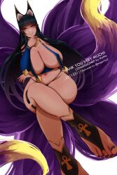 1girl animal_ears ankh black_hair breasts commission covered_erect_nipples curvy dark_skin egyptian_mythology elbow_gloves english_text feet fox_ears fox_girl gloves hathor_(mythology) highres huge_breasts long_hair meguri0n multiple_tails navel plump purple_eyes purple_tail tail tan thick_thighs thighs twitter_username