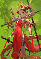  1girl armlet breasts brown_hair china_dress chinese_clothes double_bun dragon dragon_tail dress extra_arms grey_eyes hair_bun highres holding holding_sword holding_weapon jian_(weapon) looking_at_viewer original over_shoulder sheath signature small_breasts solo standing sword tail takayama_toshiaki unsheathing vambraces weapon weapon_over_shoulder 