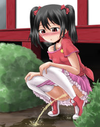 10s 1girl black_hair blush eyebrows hair_ornament hair_ribbon heavy_breathing highres homare_(suzu_no_oka) love_live! love_live!_school_idol_project open_mouth outdoors panties panty_pull peeing pink_panties pussy red_eyes ribbon shirt_slip shoes skirt solo squatting strap striped_clothes striped_panties sweat thighhighs third-party_edit twintails uncensored underwear white_thighhighs yazawa_nico rating:Explicit score:85 user:Domestic_Importer