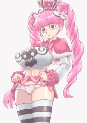  1girl alternate_breast_size artist_request black_eyes breasts clothes_lift crown drill_hair eyes_visible_through_hair highres large_breasts lifted_by_self long_hair looking_at_viewer navel one_piece panties perona pink_hair skirt skirt_lift striped_clothes striped_panties striped_thighhighs sweat thighhighs twintails underwear very_long_hair white_background wide_hips yokaze_ryo  rating:Questionable score:42 user:Popote