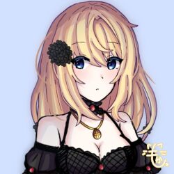 1girl altea_aquila_(jain_no_ikenie) artist_logo black_dress blonde_hair blush breasts cleavage dress flower hair_flower hair_ornament jain_no_ikenie jewelry long_hair looking_to_the_side mokacocoa_s pendant simple_background solo upper_body