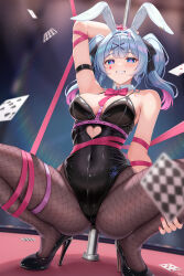  1girl absurdres animal_ears arm_strap arm_up armpit_crease armpits arus bare_shoulders black_bow black_leotard black_pantyhose blue_eyes blue_hair blush bow bowtie breasts card cleavage clothing_cutout collar commentary_request covered_navel detached_collar facial_mark fake_animal_ears grin hair_between_eyes hair_bow hair_ornament hairband hatsune_miku heart heart-shaped_pupils heart_cutout high_heels highleg highleg_leotard highres leg_grab leotard long_hair looking_at_viewer medium_breasts multicolored_hair multiple_hair_bows pantyhose partial_commentary pink_bow pink_bowtie pink_pupils pink_ribbon playboy_bunny playing_card pole presenting_armpit rabbit_ears rabbit_hair_ornament rabbit_hole_(vocaloid) raised_eyebrows revision ribbon sidelocks signature smile solo squatting stripper_pole symbol-shaped_pupils teardrop_facial_mark thigh_strap twintails virtual_youtuber vocaloid white_collar white_hairband x_hair_ornament 