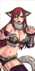 &gt;:o 00s 1girl :o animal_ears animal_print armor bare_shoulders belt bikini_armor black_shorts black_thighhighs breastplate breasts cat_ears choker claw_pose cleavage detached_sleeves erza_scarlet fairy_tail fur_trim hair_between_eyes hand_up kemonomimi_mode large_breasts leaning legs_apart leopard_ears leopard_print long_hair looking_at_viewer mashima_hiro midriff navel official_art open_mouth red_eyes red_hair short_shorts shorts showgirl_skirt simple_background skirt solo strapless tail thighhighs tube_top v-shaped_eyebrows vambraces very_long_hair white_background zettai_ryouiki rating:Questionable score:68 user:danbooru