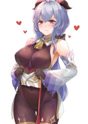  1girl absurdres bell black_gloves blue_hair blush bodysuit bodysuit_under_clothes breasts brown_bodysuit closed_mouth covered_navel cowbell detached_sleeves ganyu_(genshin_impact) genshin_impact gloves goat_horns heart highres horns large_breasts lifted_by_self long_hair looking_at_viewer purple_eyes simple_background solo srn_ana thighs white_background 