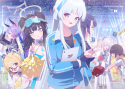  6+girls :d :o ^_^ battery_indicator bent_v black_hair blonde_hair blue_archive blue_headband breasts cheerleader cleavage closed_eyes confetti gakuran goggles goggles_on_head grey_hair hair_over_eyes halo headband hibiki_(blue_archive) hibiki_(cheer_squad)_(blue_archive) highres hugging_object jacket kaerunrun kotori_(blue_archive) kotori_(cheer_squad)_(blue_archive) lab_coat looking_at_another looking_at_viewer millennium_science_school_student_(blue_archive) millennium_science_school_student_a_(blue_archive) millennium_science_school_student_b_(blue_archive) multiple_girls noa_(blue_archive) official_alternate_costume open_mouth ouendan pom_pom_(cheerleading) profile purple_hair revision school_uniform smile stadium tablet_pc track_jacket utaha_(blue_archive) utaha_(cheer_squad)_(blue_archive) v viewfinder yuuka_(blue_archive) yuuka_(track)_(blue_archive) 
