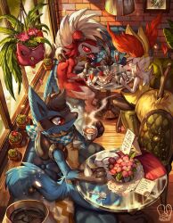 black_hair braixen cake claws coffee creatures_(company) cup flower food fruit furry game_freak gen_2_pokemon gen_4_pokemon gen_6_pokemon gen_7_pokemon holding hoppip lucario lycanroc lycanroc_(midnight) mug nintendo phone plate pokemon pokemon_(creature) restaurant sa-dui signature sitting smile spikes stick strawberry table tail tears white_hair