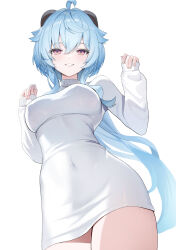  1girl absurdres ahoge alternate_costume blue_hair blush breasts clenched_teeth covered_navel cowboy_shot dress from_below ganyu_(genshin_impact) genshin_impact goat_horns hair_between_eyes hands_up highres horns hyoin long_hair looking_at_viewer medium_breasts purple_eyes revision sidelocks simple_background solo sweater sweater_dress taut_sweater teeth white_background white_sweater 
