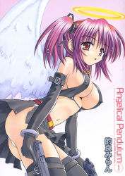  1girl angel angelical_pendulum ass belt bow bracelet breasts cleavage cocked_hammer copyright_name covered_erect_nipples dual_wielding elbow_gloves female_focus gloves gradient_background gun hair_bow hair_ribbon halo handgun highres holding hoshiyumi_chiseri jewelry large_breasts matra_milan navel nipples panties pistol purple_hair red_eyes red_hair ribbon semi-automatic_firearm sideboob solo thighhighs trigger_discipline twintails underboob underwear wallpaper weapon white_panties wings  rating:Questionable score:16 user:danbooru