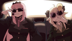  2girls absurdres ahoge alternate_costume animal_ears backlighting black_nails black_suit blonde_hair breasts brown_shirt candy car_interior cocomayo29_(tomato) commentary_request food formal highres hololive hololive_english horns korean_commentary large_breasts lollipop long_hair long_sleeves mori_calliope multiple_girls nail_polish necktie parted_lips pink_hair red_necktie red_shirt sheep_ears sheep_girl sheep_horns shirt suit sunglasses tiara tsunomaki_watame undershirt virtual_youtuber yellow_necktie 