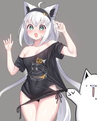  1girl :s absurdres ahoge animal_ear_piercing animal_ears aqua_eyes bare_shoulders black_shirt blush breasts character_print clothes_lift commentary cowboy_shot crossed_bangs double-parted_bangs embarrassed fang fox_ears fox_girl fox_tail fubuzilla_(shirakami_fubuki) grey_background grey_hair hair_between_eyes hands_up highres hip_vent hololive kumarang lifting_another&#039;s_clothes long_hair looking_at_viewer loungewear low_twintails medium_breasts nervous_sweating no_bra no_pants off_shoulder official_alternate_costume official_alternate_hairstyle open_mouth print_shirt see-through see-through_shirt shirakami_fubuki shirakami_fubuki_(loungewear) shirt shirt_lift simple_background skin_fang solo surprised sweat sweatdrop t-shirt tail twintails very_long_hair virtual_youtuber  rating:Sensitive score:19 user:danbooru