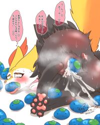  1girl aftersex ahegao animal_ear_fluff animal_ears animal_feet animal_nose anus artist_name ass bar_censor berry_(pokemon) black_fur blush body_fur braixen breath censored claws clitoris completely_nude creatures_(company) cum cum_in_pussy cum_overflow cumdrip eating fangs female_focus food food_dildo fox_ears fox_girl fox_tail from_behind fruit full_body furry furry_female game_freak gen_6_pokemon geturouka9b half-closed_eyes heart highres japanese_text looking_up lying moaning mouth_hold multicolored_fur nintendo nose_blush nude object_insertion on_side open_mouth oran_berry pawpads pokemon pokemon_(creature) pussy pussy_juice raised_eyebrows red_eyes rolling_eyes saliva signature simple_background snout solo speech_bubble spoken_heart steam steaming_body sweat tail tail_raised talking tears thick_thighs thighs thought_bubble tongue tongue_out translation_request trembling twitter_username vaginal vaginal_object_insertion white_background white_fur yellow_fur 