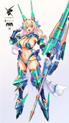  1girl armor bikini_armor blonde_hair breasts brown_eyes colored_inner_hair commentary_request drill_hair fang full_body gradient_background grey_background headgear highres holding holding_weapon large_breasts long_hair looking_at_viewer mecha_musume multicolored_hair navel open_mouth original pink_hair skin_fang solo standing stomach takamine_nadare twin_drills weapon  rating:Sensitive score:3 user:danbooru