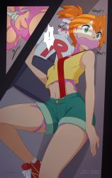 ! 1girl arm_at_side artist_name bad_id bad_pixiv_id bare_arms bare_shoulders breasts clitoris clothing_aside covered_mouth creatures_(company) crop_top ditto dutch_angle game_freak gen_1_pokemon green_eyes green_shorts hiding highres inset leg_up light locker looking_to_the_side merunyaa midriff misty_(pokemon) navel nintendo orange_hair panties panties_aside pokemon pokemon_(anime) pokemon_(classic_anime) pokemon_(creature) pokephilia pussy rape sex short_hair shorts side_ponytail signature sleeveless small_breasts solo standing standing_on_one_leg striped_clothes striped_panties suspender_shorts suspenders sweatdrop tareme team_rocket team_rocket_uniform uncensored underwear vaginal watermark web_address rating:Explicit score:198 user:AngryZapdos