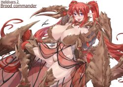  1girl abdomen_tail arthropod_girl breasts brood_commander_(helldivers) collar commentary detached_collar drooling english_commentary english_text extra_arms gluteal_fold helldivers_(series) highres holding_cloth huge_breasts light_smile long_hair long_tongue looking_at_viewer multiple_legs open_mouth pointy_ears purple_eyes red_hair red_pupils revealing_clothes saliva see-through sharp_teeth signature simple_background solo symbol-shaped_pupils teeth terminid_(helldivers) thick_thighs thighs tongue tongue_out torahime_(roland00) twintails upper_teeth_only very_long_hair very_long_sleeves white_background 