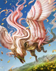 dragon feathers flying gradient_background horns kosagi_rie long_hair nature no_humans open_mouth original outdoors pink_hair plant single_horn sky solo wings rating:Sensitive score:8 user:danbooru