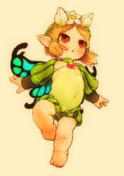 1girl barefoot blonde_hair child fairy female_focus feral_lemma flying full_body highres lalafell mercedes_(odin_sphere) odin_sphere plump pointy_ears puff_and_slash_sleeves puffy_sleeves red_eyes simple_background solo rating:Sensitive score:62 user:knightni
