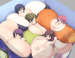 5girls black_hair blue_eyes blush breast_expansion breasts brown_hair crowded curvy elevator embarrassed female_focus gigantic_breasts green_hair impossibly_large_breasts kurokaze_no_sora long_hair multiple_girls pink_hair ponytail purple_hair stuck tired twintails rating:Sensitive score:47 user:SC4R3CROW
