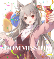  1girl :d animal_ear_fluff animal_ears arm_up balloon blurry blurry_background breasts brown_dress commission confetti copyright_request depth_of_field dress grey_eyes grey_hair heterochromia highres holding jacket long_sleeves open_clothes open_jacket open_mouth outstretched_arm party_popper pink_jacket puffy_long_sleeves puffy_sleeves red_eyes shirt skeb_commission small_breasts smile solo streamers watermark white_shirt yonema 